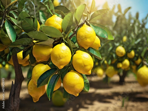 Fresh lemons on the tree in a lemon farm. It is ready to be picked by farmers and marketed. The weather is sunny and fresh.