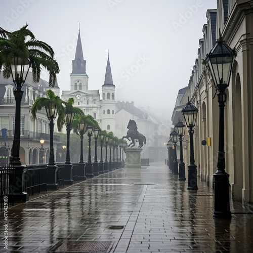 illustration of Jackson Square in the French Quarter on a dreary fog, Generative ai photo