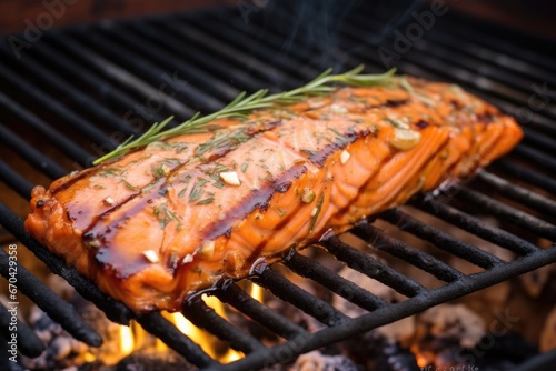 bbq salmon with apple cider sauce amidst lowered flames