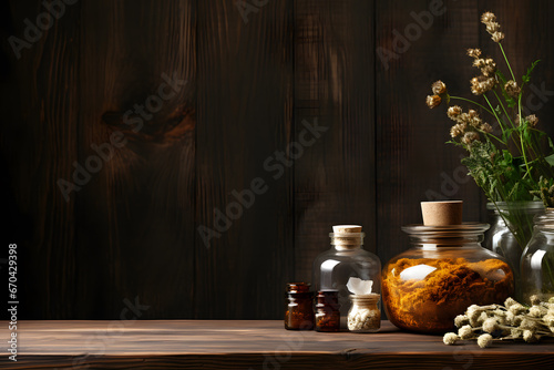 Rustic Wooden Table with Medicinal Herbs