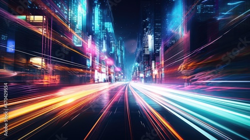 The motion blur of a busy urban highway during the evening rush hour. The city skyline serves as the background  illuminated by a sea of headlights and taillights