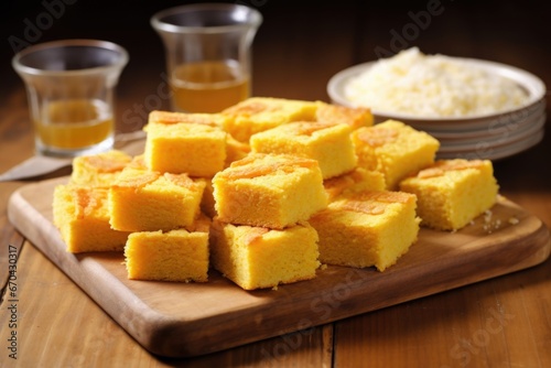 pieces of bbq cornbread arranged on a wooden tray