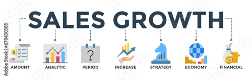 Sales growth banner web icon vector illustration concept with icons of amount, analytic, period, increase, strategy, economy, and financial