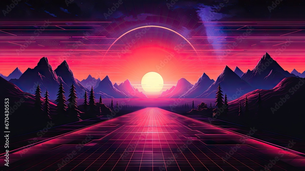 80s retro futuristic sci-fi., nostalgic 90s. Night and sunset neon colors, cyberpunk vintage illustration. Sun, mountains and palms. Retrowave VJ videogame landscape, Retro Synthwave - obrazy, fototapety, plakaty 