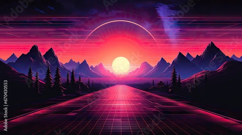 80s retro futuristic sci-fi., nostalgic 90s. Night and sunset neon colors, cyberpunk vintage illustration. Sun, mountains and palms. Retrowave VJ videogame landscape, Retro Synthwave