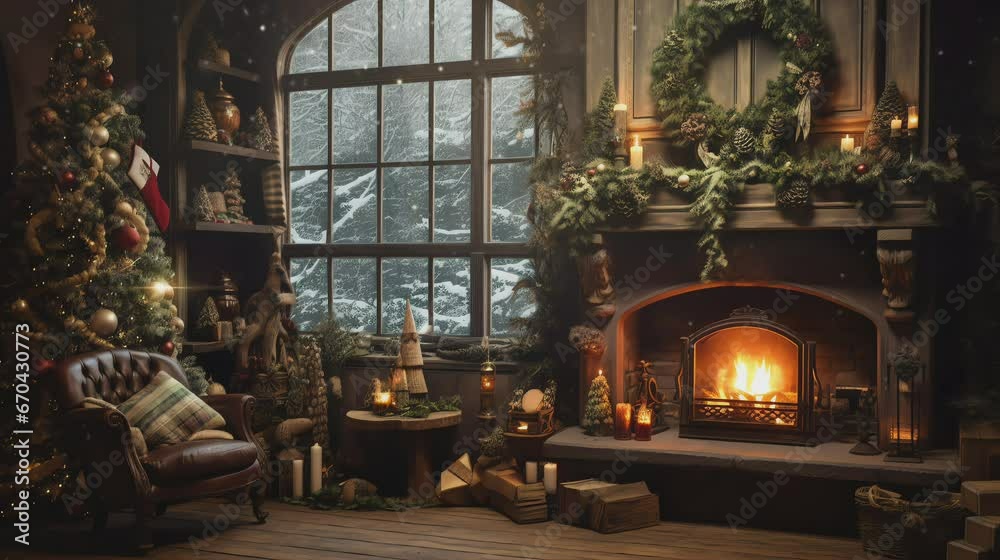 fireplace with christmas decorations background, looping video animation