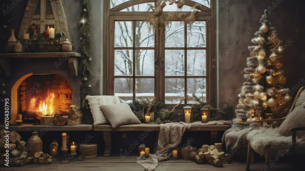 fireplace with christmas decorations background, looping video animation