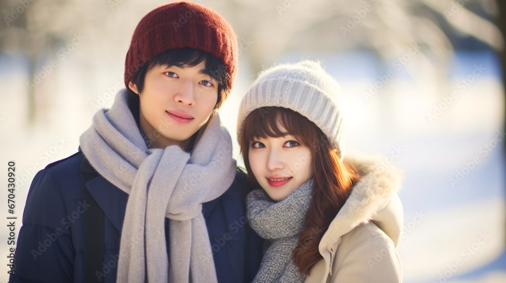 冬のカップル、笑顔の日本人の男性と女性
