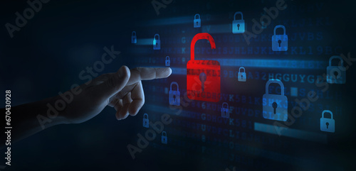Fototapeta Naklejka Na Ścianę i Meble -  hacker attack, security breach, system hacked alert with red broken padlock , cybersecurity concept