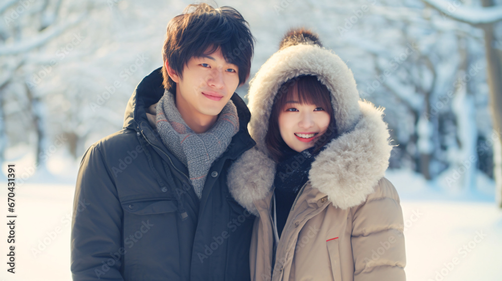 冬のカップル、笑顔の日本人の男性と女性