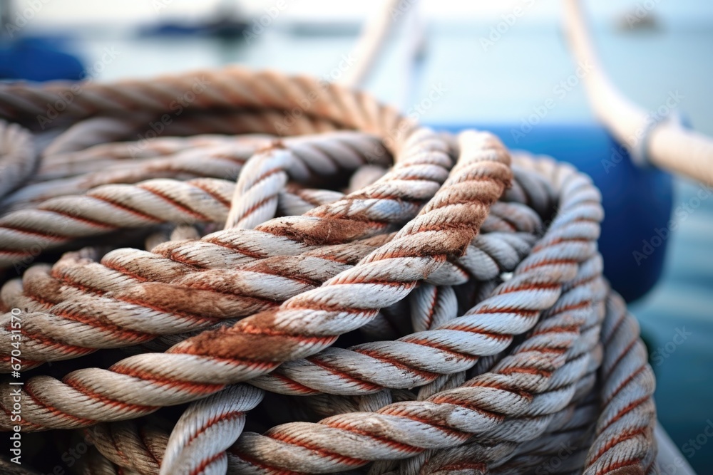 close-up of coiled ropes on the deck of a sailboat