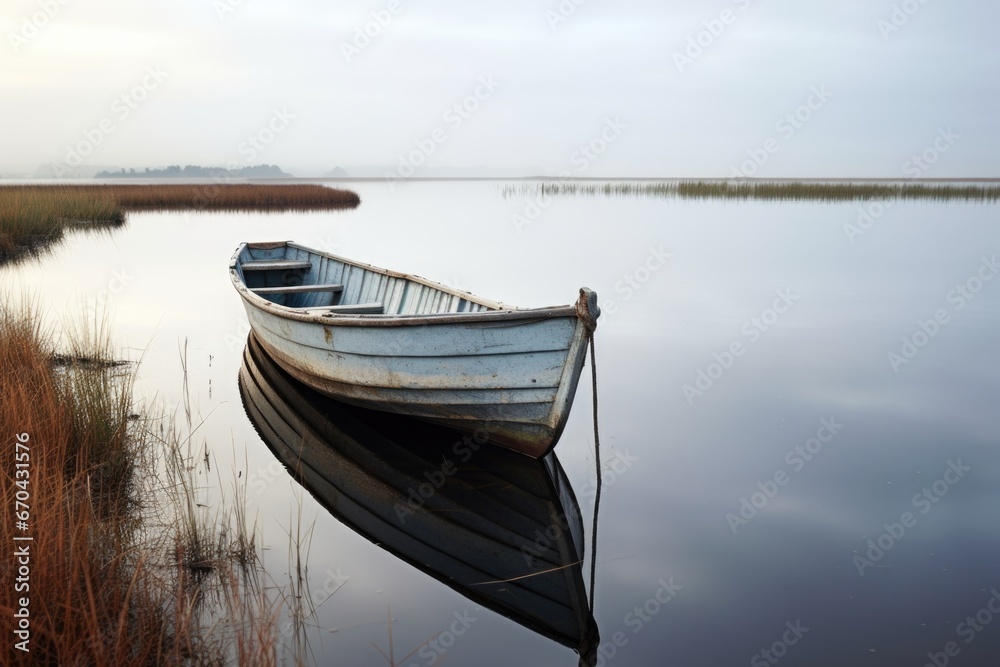 empty fishing boat floating on a calm, still pond empty fishing boat floating on a calm, still pond