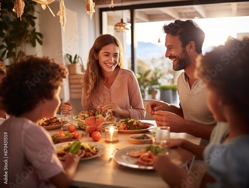 Happy family  having easter dinner together to celebrate christmas Thanksgiving holiday in cozy home