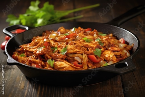 bbq pulled chicken in a shiny black skillet