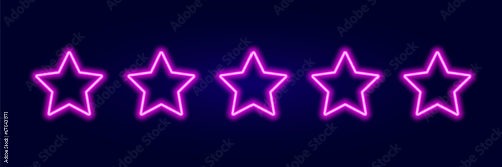 5 stars rating purple neon glow on dark background vector. Glowing rank rates with laser led illumination for design 5 stars rating purple neon glow on dark background vector. Glowing rank rates with laser led illumination for design