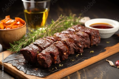 churrasco spare ribs placed on a stone table next to bbq sauce