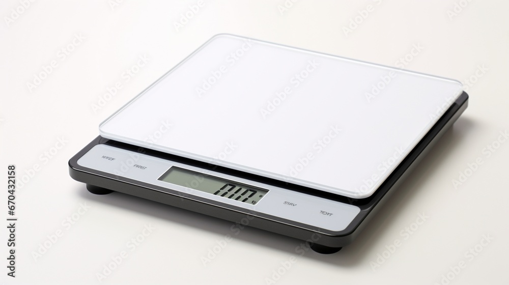 A digital postal scale, equipped with a detachable display, waiting for a package, against a crisp and clean white backdrop.