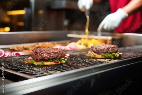 burger on a griddle being flipped photo