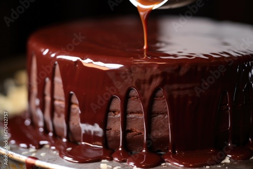 a close-up of a glossy chocolate ganache glazing a cake photo