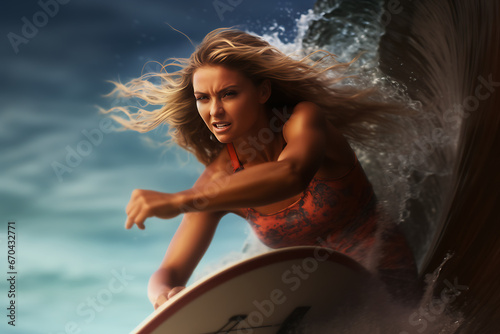 Girl surfing a wave in maui  hippie girl  alternative  fun  sport woman  wave surfing  ocean