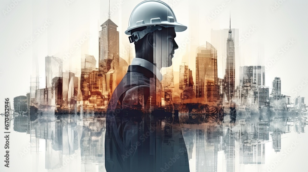 Double exposure of Engineer with safety helmet on construction site background. Engineering and architecture concept - obrazy, fototapety, plakaty 