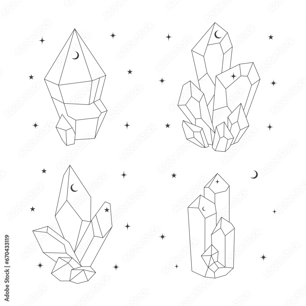 Celestial Crystal Outline With Simple Pattern. Mystical Drawing. Vector Illustration Set. 