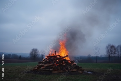 bonfire with rising smoke on an overcast day