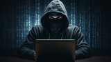 hacker in a black hood, face not visible. hacks the database. several screen. dark gloomy atmosphere