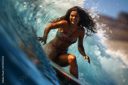 Girl surfing a wave in maui, hippie girl, alternative, fun, sport woman, wave surfing, ocean © MrJeans