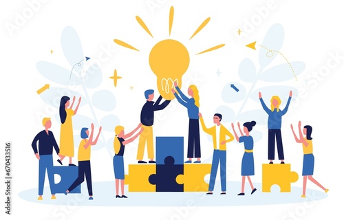 Team metaphor. People hold a large light bulb symbolizing a creative idea. Symbol of teamwork, cooperation, partnership. Businessman connecting puzzle to build light bulb concept flat illustration