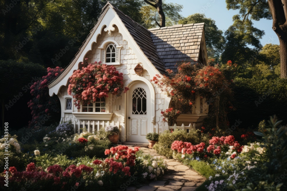 Dog house with a cottage garden and a picket fence, Generative AI