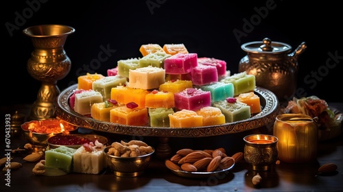 Traditional oriental sweets on a black background. Selective focus. Generative AI