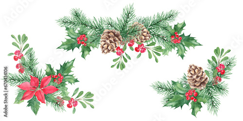Christmas bouquets set. Pine cone and branches, Holly plant with red berries. Poinsettia and cowberry, lingonberry. Symbols of the New year and Christmas. Watercolor hand painted illustration isolated