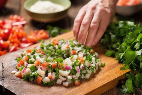 hand dressing ceviche appetizer with chopped parsley photo