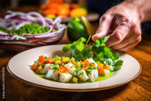 hand garnishing a plate of ceviche with fresh cilantro