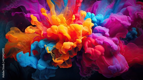Colorful liquid explosion under water on black background. Abstract backdrop with color splashes. Underwater explosion paint. 