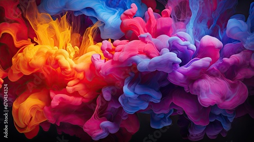 Colorful liquid explosion under water on black background. Abstract backdrop with color splashes. Underwater explosion paint. 