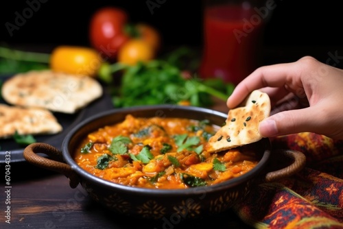 hand holding a piece of naan bread dipping into chana masala