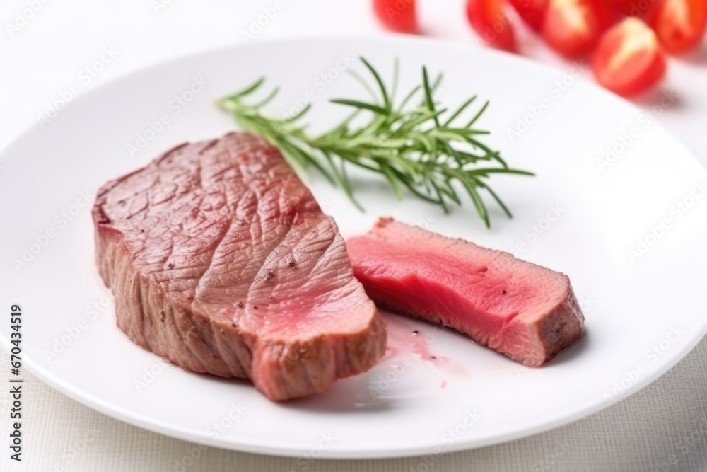 close-up of steak cut open on a white plate
