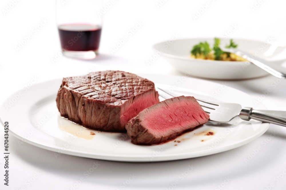 medium-rare steak cut in half on white plate with fork beside