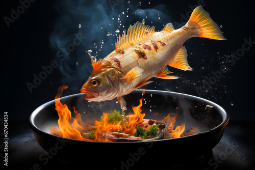 illustration of whole fish of carp on frying pan in levitation, frying over flame grill