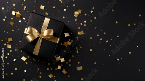Gift box with golden bow and confetti on black background