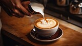 Barista making latte art coffee in coffee shop, stock photo