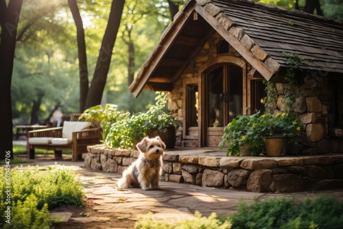Rustic log cabin-style dog house in a serene natural setting, Generative AI