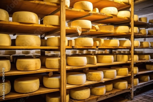 dome-shape cheeses lined on racks in cold cellar
