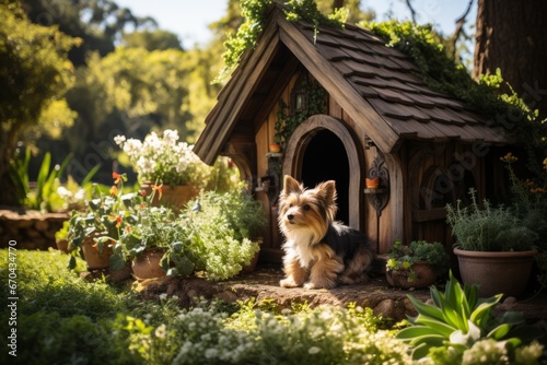 Traditional wooden dog house in a lush garden, Generative AI