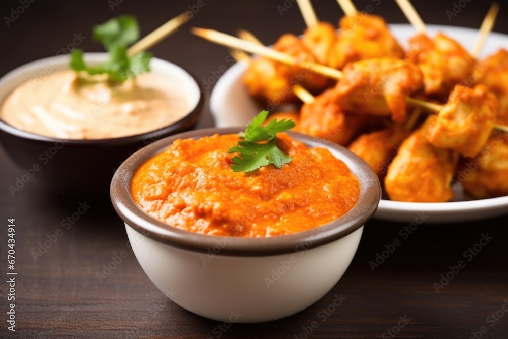 close-up of chicken skewer with a dip in a small bowl