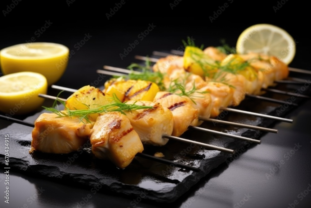 chicken skewers arranged on a black slate with lemon wedges chicken skewers arranged on a black slate with lemon wedges