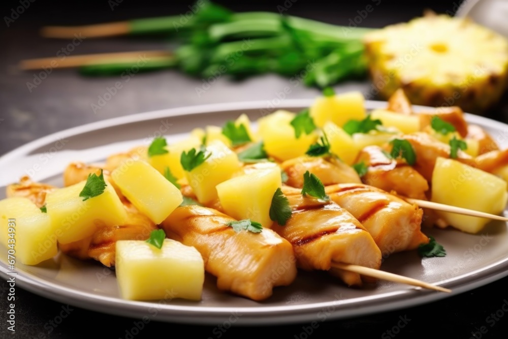 close-up of chicken skewers with pineapple chunks close-up of chicken skewers with pineapple chunks
