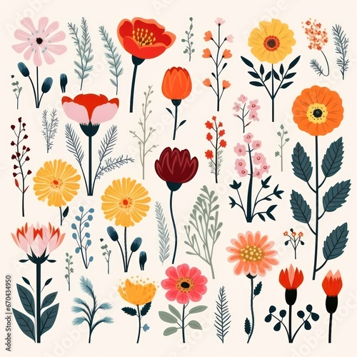 Set of hand drawn floral elements. illustration in flat style.